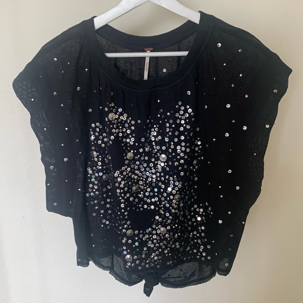 Free People NWT M Black Embellishments Top